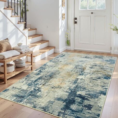 4x6 Washable Rug for Bedroom Living Room, Area Rugs for Entryway, Modern Abstract Rug with Non-Slip Silicone Backing, Low Pile Soft Carpet for Kids Nursery Kitchen Office Home Decor (Blue&White) in Kuwait