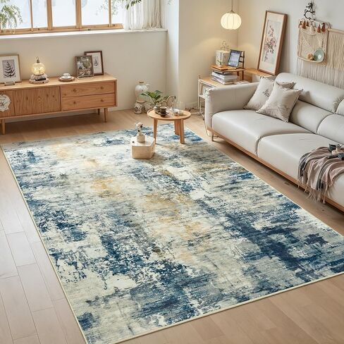 4x6 Washable Rug for Bedroom Living Room, Area Rugs for Entryway, Modern Abstract Rug with Non-Slip Silicone Backing, Low Pile Soft Carpet for Kids Nursery Kitchen Office Home Decor (Blue&White) in Kuwait