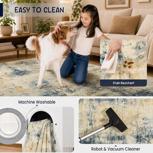 4x6 Washable Rug for Bedroom Living Room, Area Rugs for Entryway, Modern Abstract Rug with Non-Slip Silicone Backing, Low Pile Soft Carpet for Kids Nursery Kitchen Office Home Decor (Blue&White) in Kuwait