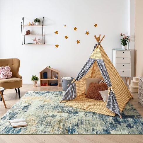 4x6 Washable Rug for Bedroom Living Room, Area Rugs for Entryway, Modern Abstract Rug with Non-Slip Silicone Backing, Low Pile Soft Carpet for Kids Nursery Kitchen Office Home Decor (Blue&White) in Kuwait