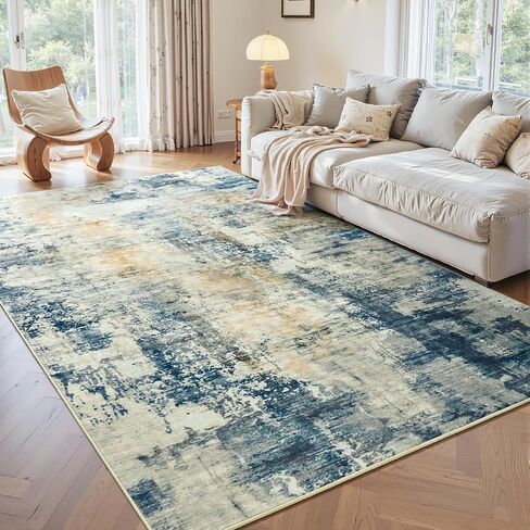 4x6 Washable Rug for Bedroom Living Room, Area Rugs for Entryway, Modern Abstract Rug with Non-Slip Silicone Backing, Low Pile Soft Carpet for Kids Nursery Kitchen Office Home Decor (Blue&White) in Kuwait
