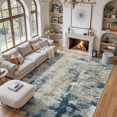 4x6 Washable Rug for Bedroom Living Room, Area Rugs for Entryway, Modern Abstract Rug with Non-Slip Silicone Backing, Low Pile Soft Carpet for Kids Nursery Kitchen Office Home Decor (Blue&White) in Kuwait