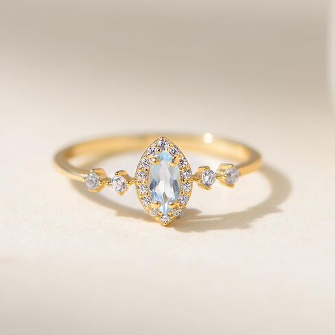 925 Sterling Silver Sky Blue Topaz Ring for Women, Dainty Marquise Cut Natural Gemstone Ring with CZ Halo, 14K Gold Plated Vintage Elegant Jewelry Gift in Saudi Arabia