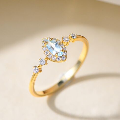 925 Sterling Silver Sky Blue Topaz Ring for Women, Dainty Marquise Cut Natural Gemstone Ring with CZ Halo, 14K Gold Plated Vintage Elegant Jewelry Gift in Saudi Arabia