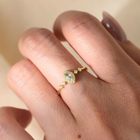 925 Sterling Silver Sky Blue Topaz Ring for Women, Dainty Marquise Cut Natural Gemstone Ring with CZ Halo, 14K Gold Plated Vintage Elegant Jewelry Gift in Saudi Arabia