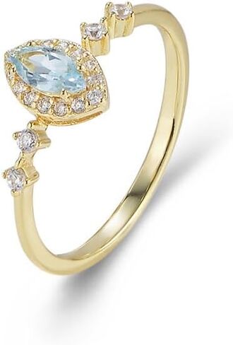 925 Sterling Silver Sky Blue Topaz Ring for Women, Dainty Marquise Cut Natural Gemstone Ring with CZ Halo, 14K Gold Plated Vintage Elegant Jewelry Gift in Saudi Arabia