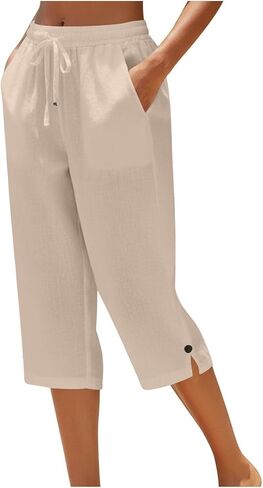 Cotton Capri Pants for Women Loose Fit Straight Leg Drawstring Elastic Waist Cropped Pant Casual Summer Linen Clothes in Kuwait