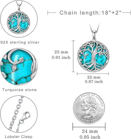 Genuine Real Turquoise Tree of Life Minimalist Necklace 925 Sterling Silver Jewelry Gift for Mom Grandma in Saudi Arabia