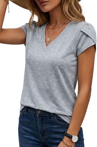 V Neck T Shirts for Women Petal Sleeve Summer Tops Capsule Wardrobe Essentials Dressy Casual Blouse in Saudi Arabia