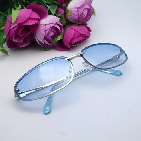 Y2K Sunglasses for Women | Wrap Around, Rimless, Small Metal Frame, 2000s, 90s, UV400 Protection, for Daily, Rave Festive, Party, Tinted Lens Shades in Saudi Arabia