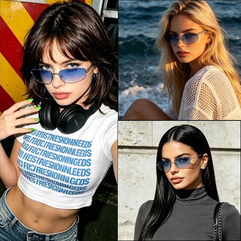 Y2K Sunglasses for Women | Wrap Around, Rimless, Small Metal Frame, 2000s, 90s, UV400 Protection, for Daily, Rave Festive, Party, Tinted Lens Shades in Saudi Arabia