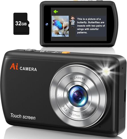كاميرا رقمية 4K ، كاميرا Vlogging 48 ميجابكسل للتصوير الفوتوغرافي ومكافحة التلقائي التلقائي للاستخدام التلقائي ، ونقطة وتصوير كاميرا رقمية مع بطاقة 32 جيجا بايت بتكبير 32x ، وكاميرا مضغوطة محمولة للشباب البالغين المبتدئين الأسود in Kuwait