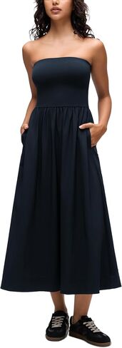 فستان طويل بدون حمالات من CRZ YOGA للنساء - بدون أكمام بدون أكتاف، ملابس كاجوال واسعة للسفر مع جيوب جانبية in Kuwait