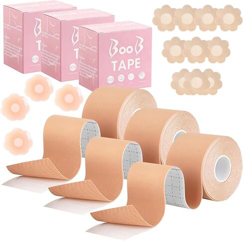 3 Pcs Boob Tape for Breast Lift - BoobTape with 10 Pcs Pasties,4 silicone stickers,Body Tape for Women Invisible Breast Bra Tape Brown in Saudi Arabia