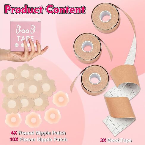 3 Pcs Boob Tape for Breast Lift - BoobTape with 10 Pcs Pasties,4 silicone stickers,Body Tape for Women Invisible Breast Bra Tape Brown in Saudi Arabia