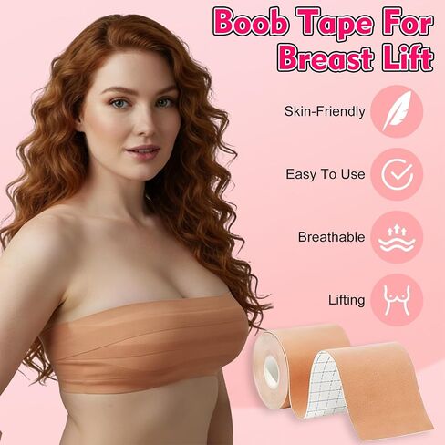 3 Pcs Boob Tape for Breast Lift - BoobTape with 10 Pcs Pasties,4 silicone stickers,Body Tape for Women Invisible Breast Bra Tape Brown in Saudi Arabia