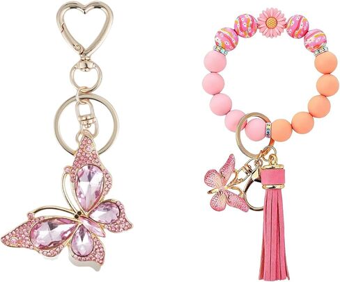 Butterfly Keychain Crystal Rhinestone Butterfly Pendant & Silicone Beaded Wristlet Car Key Ring Holder for Girl Women in Saudi Arabia