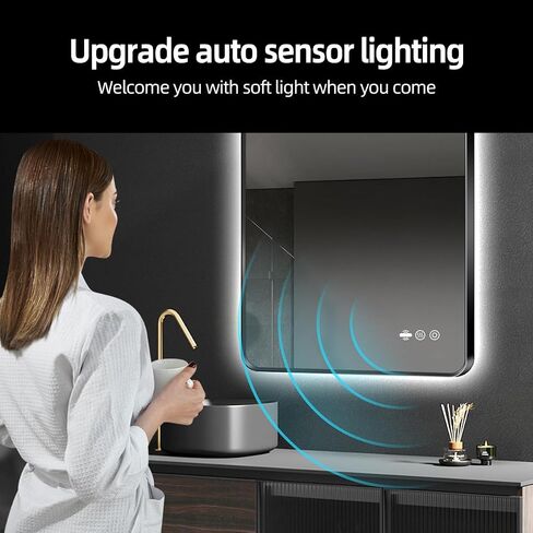 30 x 36 Black LED Bathroom Mirror, Metal Framed Rounded Corner Rectangle Backlit Mirror Bathroom, Anti-Fog, 3-Color Stepless Dimmable Lighted Mirror, Motion Sensor Lights, Memory Function in Saudi Arabia