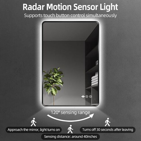 30 x 36 Black LED Bathroom Mirror, Metal Framed Rounded Corner Rectangle Backlit Mirror Bathroom, Anti-Fog, 3-Color Stepless Dimmable Lighted Mirror, Motion Sensor Lights, Memory Function in Saudi Arabia