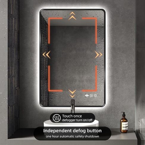 30 x 36 Black LED Bathroom Mirror, Metal Framed Rounded Corner Rectangle Backlit Mirror Bathroom, Anti-Fog, 3-Color Stepless Dimmable Lighted Mirror, Motion Sensor Lights, Memory Function in Saudi Arabia