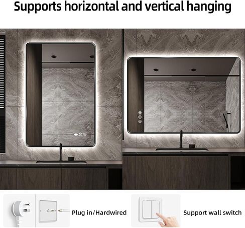 30 x 36 Black LED Bathroom Mirror, Metal Framed Rounded Corner Rectangle Backlit Mirror Bathroom, Anti-Fog, 3-Color Stepless Dimmable Lighted Mirror, Motion Sensor Lights, Memory Function in Saudi Arabia