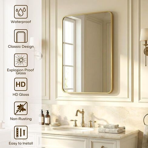 20X30 Inch Bathroom Mirror, Rectangle Aluminum Frame Mirror Anti-Rust, Wall Mounted Vanity Mirrors for Hangs Horizontally or Vertically, Mirror for Bedroom, Living Room and Entryway, Gold in Saudi Arabia