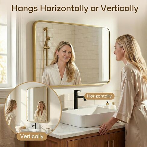 20X30 Inch Bathroom Mirror, Rectangle Aluminum Frame Mirror Anti-Rust, Wall Mounted Vanity Mirrors for Hangs Horizontally or Vertically, Mirror for Bedroom, Living Room and Entryway, Gold in Saudi Arabia