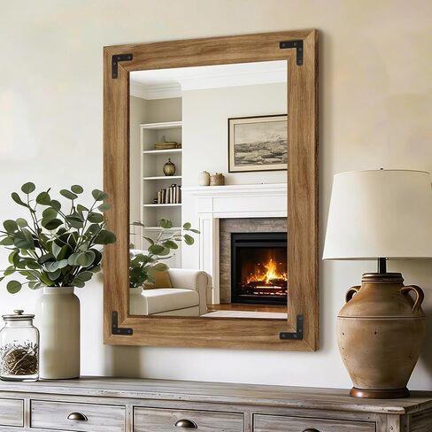 AMOISE Farmhouse Bathroom Vanity Mirror, 32" x 24" Wood Frame Wall Mirror, Vintage Rustic Decor for Entryway, Bedroom, Living Room, Vertical or Horizontal Hanging in Saudi Arabia