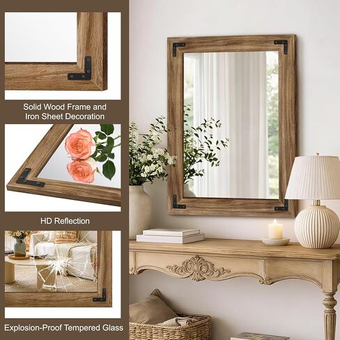 AMOISE Farmhouse Bathroom Vanity Mirror, 32" x 24" Wood Frame Wall Mirror, Vintage Rustic Decor for Entryway, Bedroom, Living Room, Vertical or Horizontal Hanging in Saudi Arabia