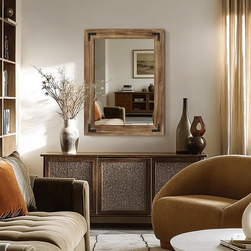 AMOISE Farmhouse Bathroom Vanity Mirror, 32" x 24" Wood Frame Wall Mirror, Vintage Rustic Decor for Entryway, Bedroom, Living Room, Vertical or Horizontal Hanging in Saudi Arabia