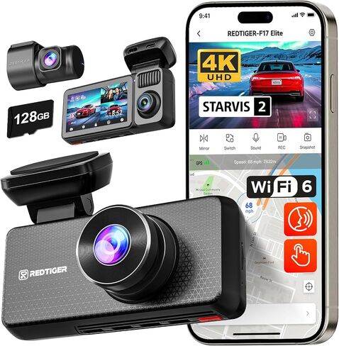 Redtiger F17 Elite 4K 3 Channel Dash Cam ، Starvis 2 IMX678 & IMAX 675 ، 128GB بطاقة ، لون ليلة كاملة ، 4K+2.5K+1080P الأمامية والخلفية ، شاشة تعمل باللمس ، التحكم الصوتي ، WIFI 5GHZ ، GPS ، HDR ، وضع وقوف السيارات in Kuwait
