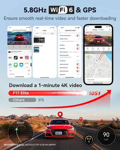 Redtiger F17 Elite 4K 3 Channel Dash Cam ، Starvis 2 IMX678 & IMAX 675 ، 128GB بطاقة ، لون ليلة كاملة ، 4K+2.5K+1080P الأمامية والخلفية ، شاشة تعمل باللمس ، التحكم الصوتي ، WIFI 5GHZ ، GPS ، HDR ، وضع وقوف السيارات in Kuwait