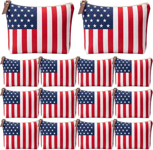 Tallew 12 Pcs America Flag Makeup Bags Bulk Red White and Blue Purse Canvas Travel Toiletry Organizer Zipper Cosmetic Bags for Women 4th of July Patriotic Party Favors USA Lover Gift (Star Style) in Kuwait