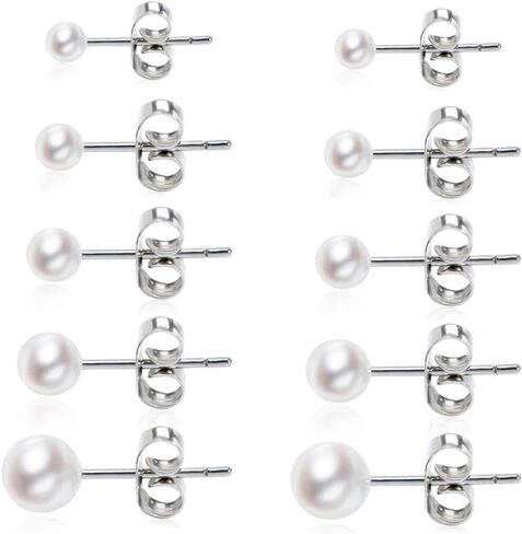 Women's Stainless Steel Faux Pearl Stud Earrings Set - 5 Pairs, 3-7mm in Saudi Arabia