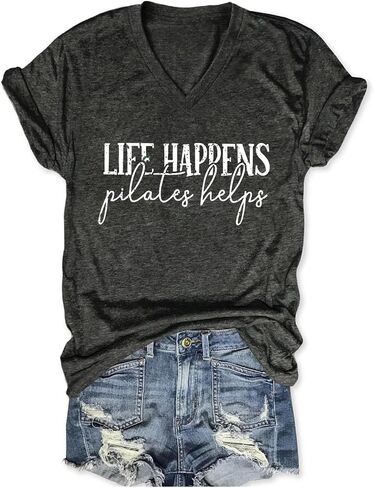 Life Happens Pilates Helps Shirts, Pilates V Neck Tops for Women Short Sleeve Casual Funny Graphic Tees T Shirts in Saudi Arabia