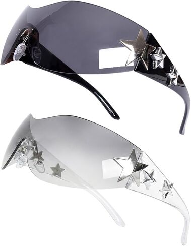 Y2k Fashion Sunglasses Star Sunglasses Oversized Frameless Glasses for Women Men Driving Riding Street Photography (Black+Transparent Sliver) in Saudi Arabia