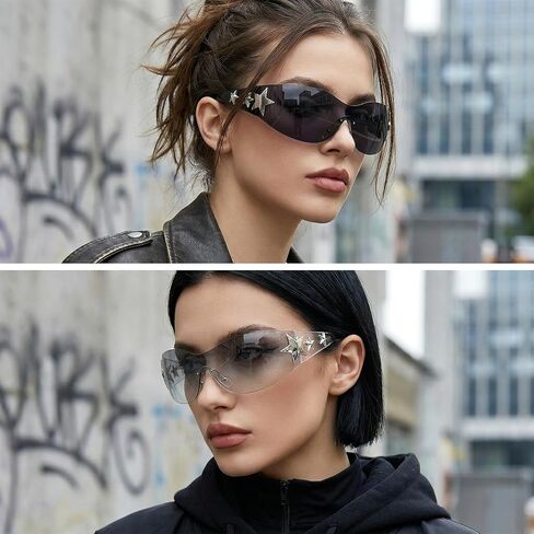 Y2k Fashion Sunglasses Star Sunglasses Oversized Frameless Glasses for Women Men Driving Riding Street Photography (Black+Transparent Sliver) in Saudi Arabia