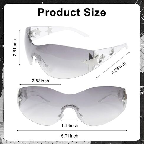 Y2k Fashion Sunglasses Star Sunglasses Oversized Frameless Glasses for Women Men Driving Riding Street Photography (Black+Transparent Sliver) in Saudi Arabia
