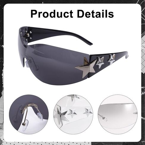 Y2k Fashion Sunglasses Star Sunglasses Oversized Frameless Glasses for Women Men Driving Riding Street Photography (Black+Transparent Sliver) in Saudi Arabia