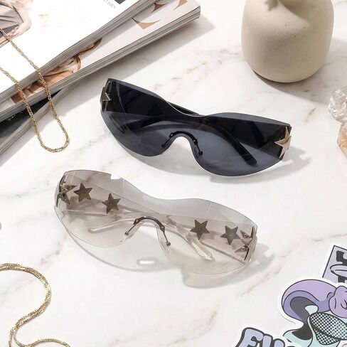 Y2k Fashion Sunglasses Star Sunglasses Oversized Frameless Glasses for Women Men Driving Riding Street Photography (Black+Transparent Sliver) in Saudi Arabia