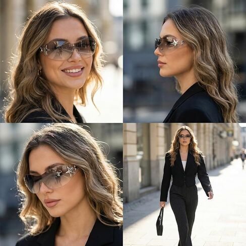 Y2k Fashion Sunglasses Star Sunglasses Oversized Frameless Glasses for Women Men Driving Riding Street Photography (Black+Transparent Sliver) in Saudi Arabia