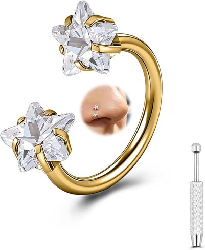 G23 Titanium Double Gem Horseshoe Nose Rings Star Horse Shoe | Nose Hoop, Cartilage Helix Tragus Earring Hoops, Labret Lip Piercing Jewelry in Saudi Arabia