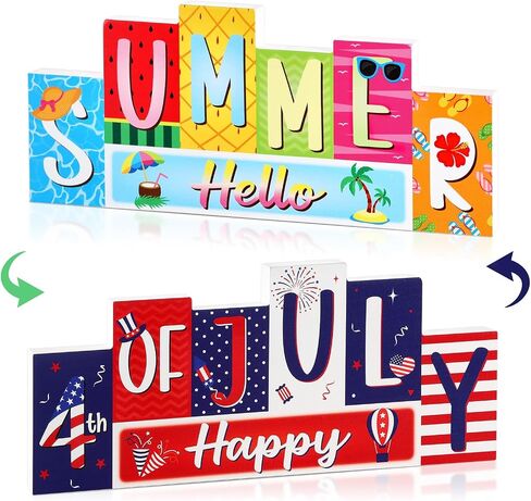 Summer Wooden Table Sign 4th of July Reversible Table Decor Summer Tabletop Centerpiece Independence Day Wooden Sign for Home Table Tiered Tray Shelf Office Desk Mantel Memorial Day Patriotic Decor in Saudi Arabia