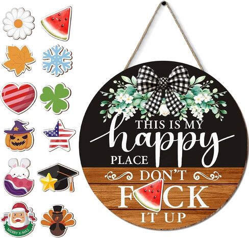 Interchangeable Spring Welcome Sign for Front Door with 12 Changeable Icons, Rustic Door Decor Home Farmhouse Porch Wall Seasonal Hanging for Spring Summer Fall Winter Holidays in Kuwait