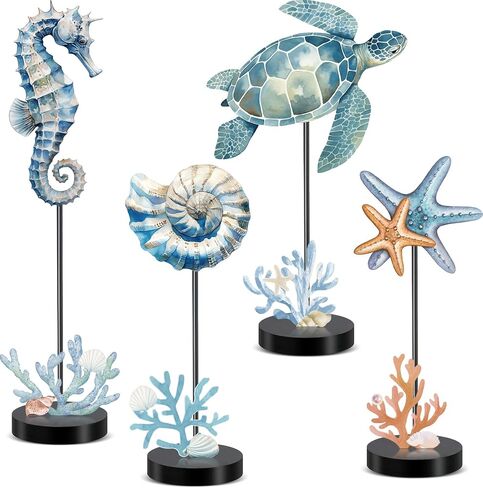 4 Pcs Summer Ocean Table Decor 3D Standing Sea Turtle, Starfish, Conch, Seahorse Wooden Block Signs Rustic Coastal Beach Nautical Decoration for Tiered Tray, Office, Home, Kitchen Centerpiece in Saudi Arabia