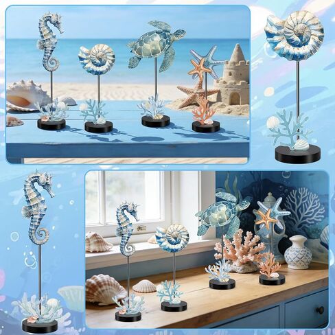4 Pcs Summer Ocean Table Decor 3D Standing Sea Turtle, Starfish, Conch, Seahorse Wooden Block Signs Rustic Coastal Beach Nautical Decoration for Tiered Tray, Office, Home, Kitchen Centerpiece in Saudi Arabia