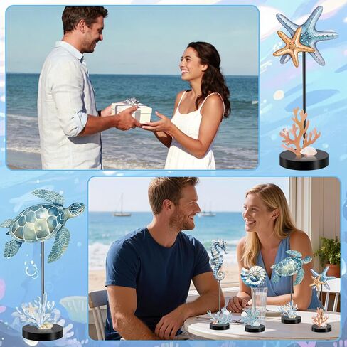4 Pcs Summer Ocean Table Decor 3D Standing Sea Turtle, Starfish, Conch, Seahorse Wooden Block Signs Rustic Coastal Beach Nautical Decoration for Tiered Tray, Office, Home, Kitchen Centerpiece in Saudi Arabia