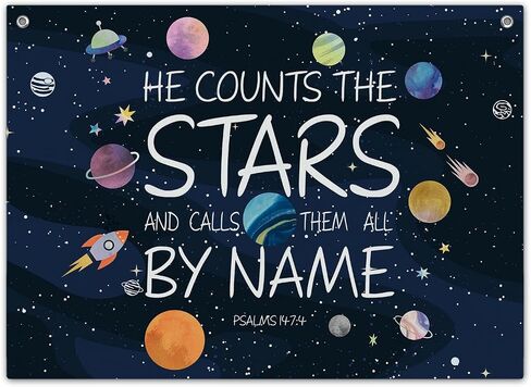 Solar System Wall Decor, He Counts the Stars Canvas Banner, 20x30 inches Bible Verse Wall Hanging Flag Linen Tapestry Decorations for Kidsroom Nursery Playroom -016 in Saudi Arabia