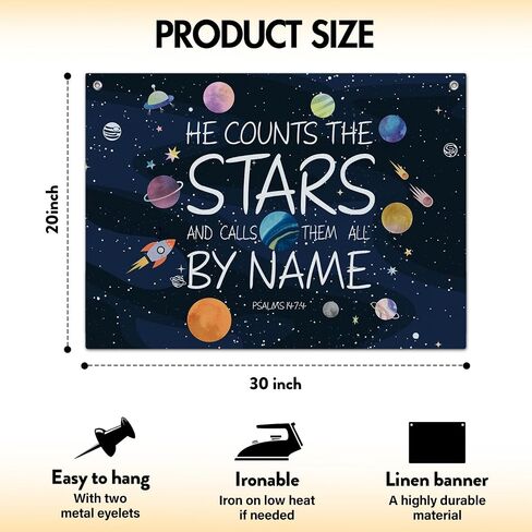 Solar System Wall Decor, He Counts the Stars Canvas Banner, 20x30 inches Bible Verse Wall Hanging Flag Linen Tapestry Decorations for Kidsroom Nursery Playroom -016 in Saudi Arabia