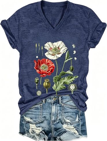 PUCKOLITY Vintage Flowers V Neck Shirt for Women Boho Floral Wildflowers Graphic Tee Casual Summer Tee Tops in Saudi Arabia